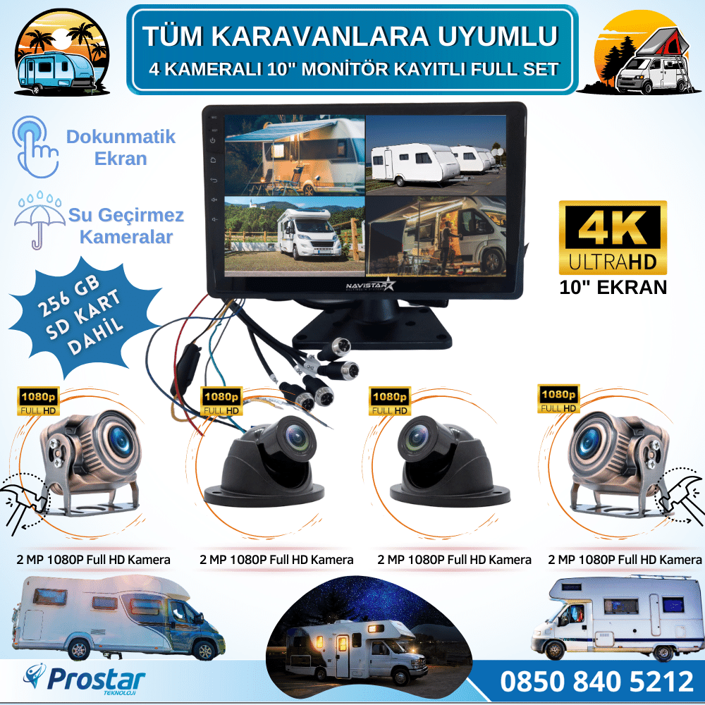 256 Gb Sd Dahil Karavan Kamera Seti 4 Kameralı 10 Inç Dokunmatik Ekranlı Tak Kullan