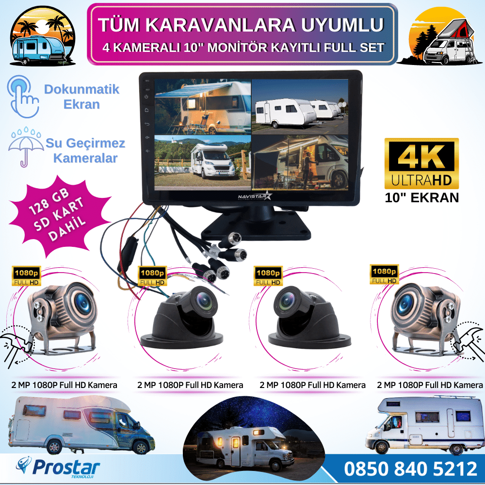 Karavan Kamera Seti 128 Gb Sd Dahil 4 Kameralı 10 Inç Dokunmatik Ekranlı Tak Kullan