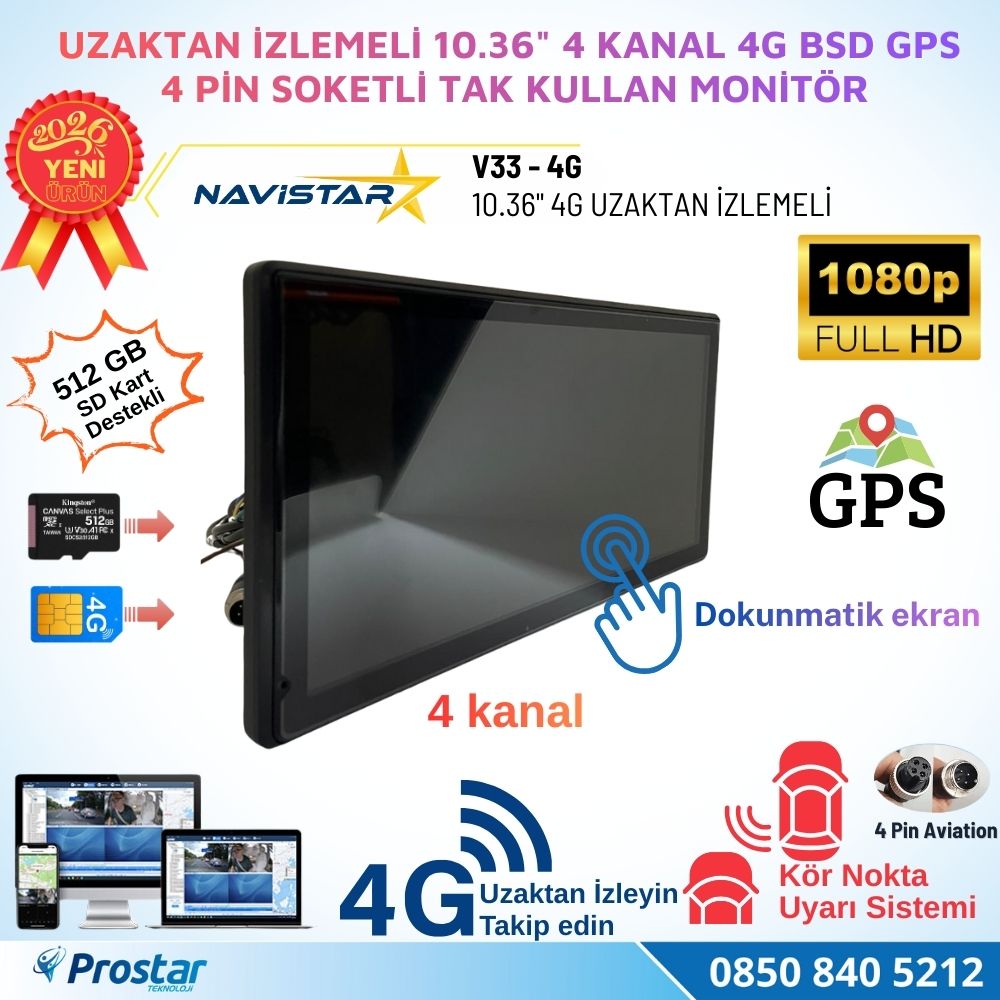 Uzaktan izlemeli 10.36 inç Dokunmatik 4 Kanal 4G GPS BSD Kör Nokta Uyarı Sistemli Monitör