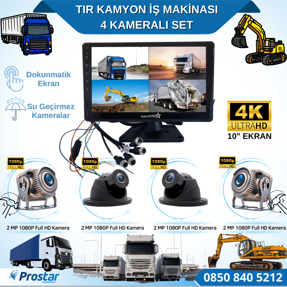 4 Kameralı 10 Inç Dokunmatik Ekranlı 256 Gb Sd Destekli Tır Kamyon İş Makinası Tak Kullan Kamera Seti