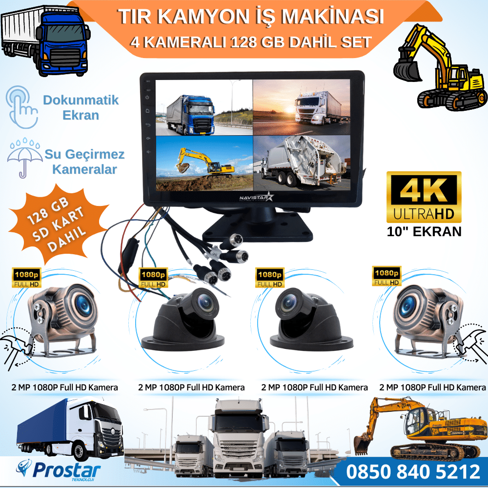 Tır Kamyon 4 Kameralı 10 Inç Dokunmatik Ekranlı 128 Gb Sd Kart Dahil Tak Kullan Kamera Seti