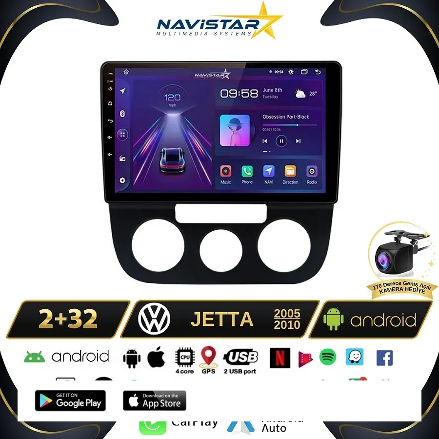 Volkswagen Jetta 2+64GB Android 13 Kablosuz Carplay 2005-2010 Navigasyon Multimedya Sistemi