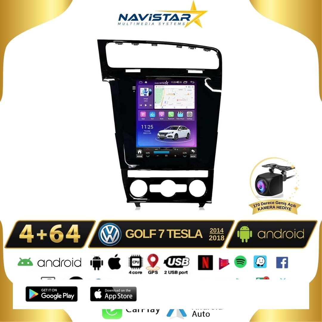 Volkswagen Golf 7 Tesla 4GB + 64GB 2014-2018 Model Kablosuz Carplay Navigasyon Qled Multimedya Sistemi