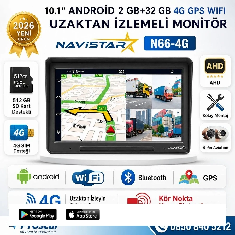 4G Uzaktan izlemeli 4 kanal AHD 720P Android Wifi, GPS, Bluetooth 2 GB + 32 GB ve 512 GB SD Kart Destekli Monitör