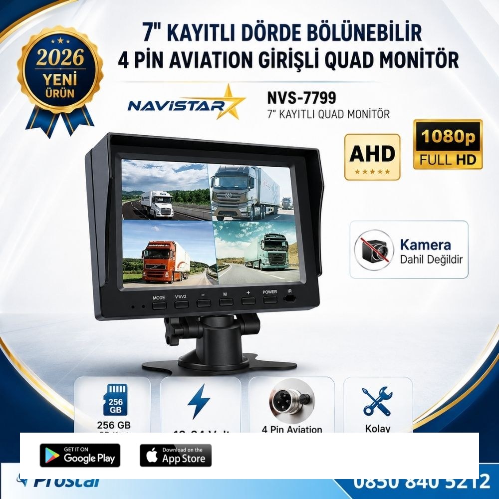 7 inç Dörde Bölünebilir Kayıtlı Quad Monitör 4 Pin Aviation Girişli AHD 1080P/720P/CVBS Analog Pal Ntsc 256GB SD Kart Destekli