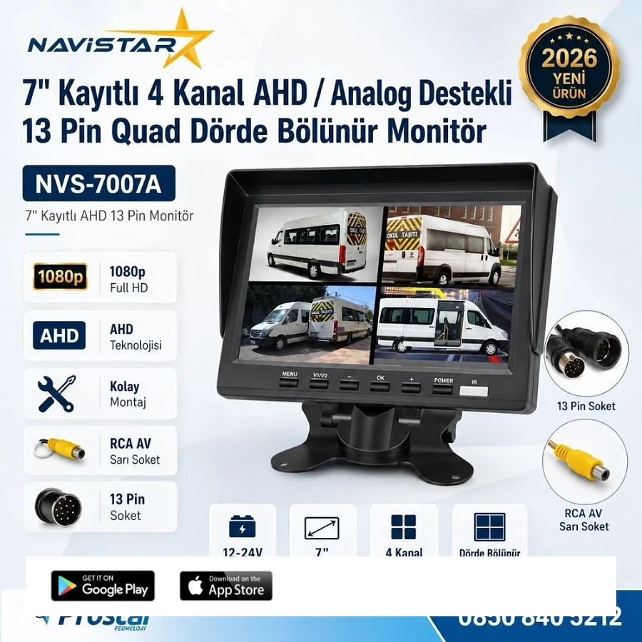 Kayıtlı 7 inç 4 Kanal 13 Pin IPS AHD 1080P 720P Analog 256 GB SD Destekli Quad Araç Monitörü 12-24V
