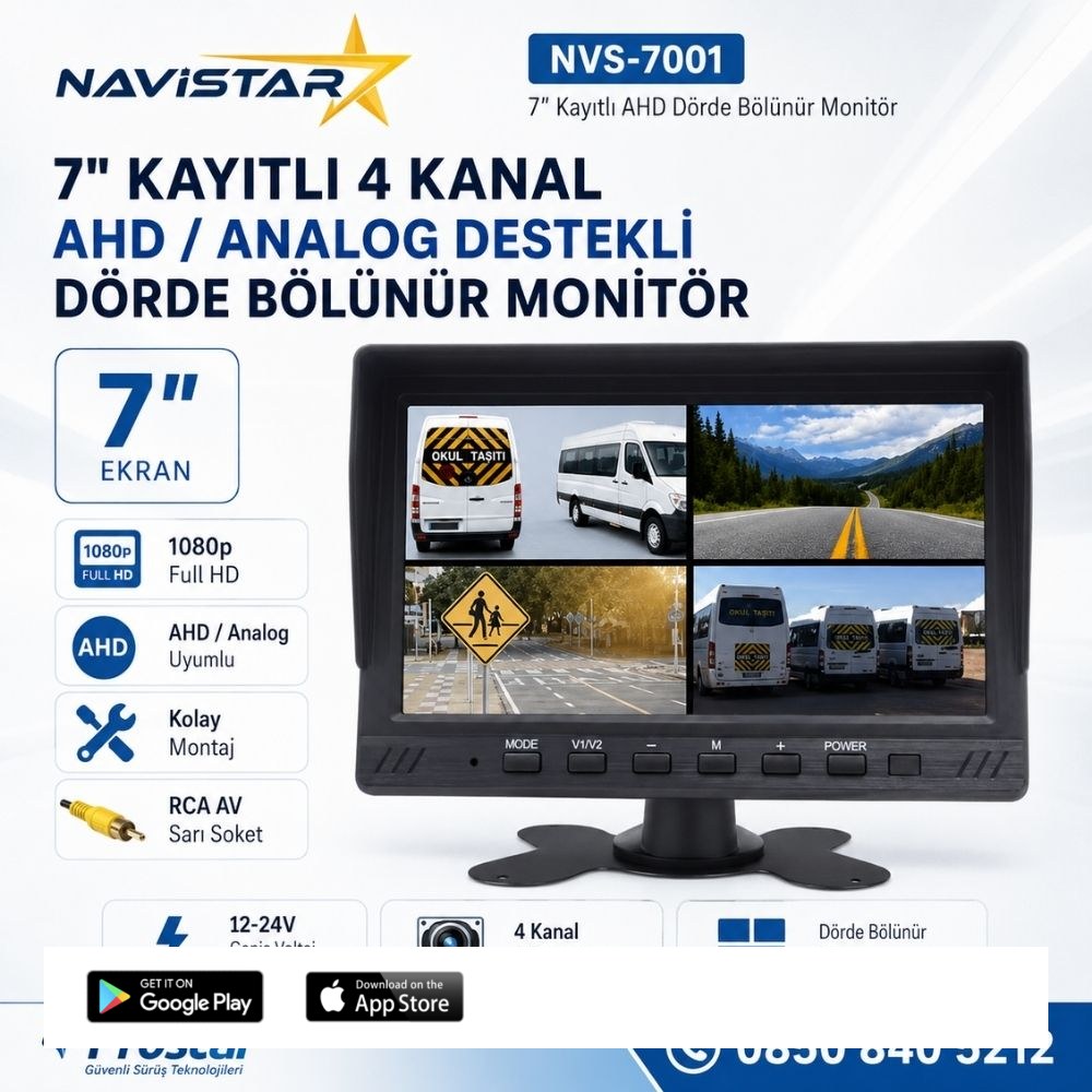 Kayıtlı 7 inç AHD Analog 4 Kanal Full HD Quad Araç Monitörü RCA Bağlantılı 12-24V