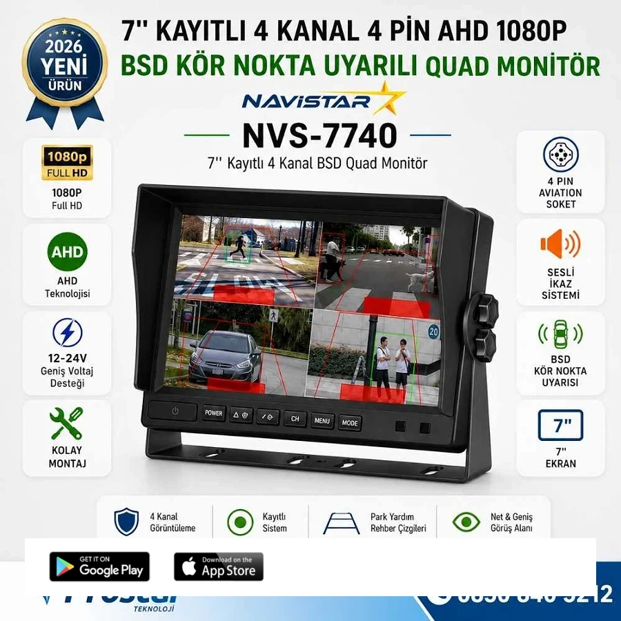 7 inç 4 Kanal Full HD BSD Kör Nokta Uyarılı AHD Quad Araç Monitörü Aktif Nesne Algılama + Sesli İkaz 12-24V