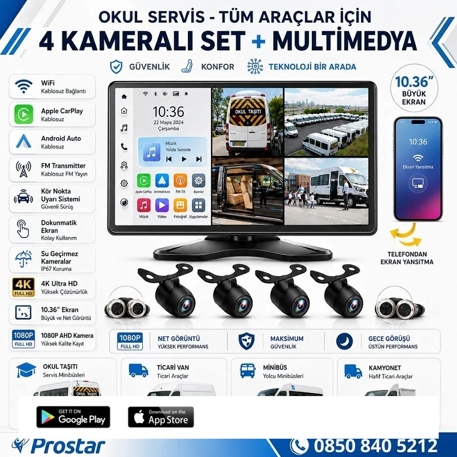 Okul Servisleri Için 10.36" Dokunmatik Ekranlı 4 Kameralı Kayıtlı Video Müzik Telefon Ekran Yansıtma Özellikli Tak Kullan Kamera Seti