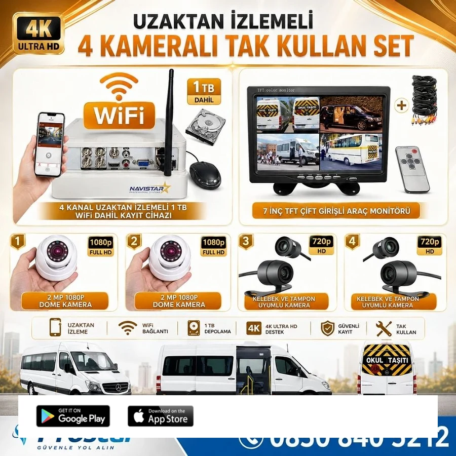 Uzaktan izlemeli 4 Kameralı Wifi 1 Tb Harddisk 7 Inç Ekranlı Araç Kamera Seti