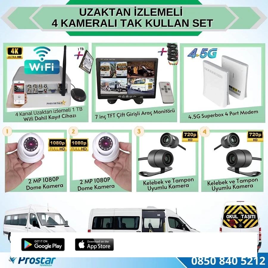 Uzaktan Izlemeli 4 Kameralı Wifi 4G 1 Tb Harddisk 7 Inç Ekranlı Araç Kamera Seti