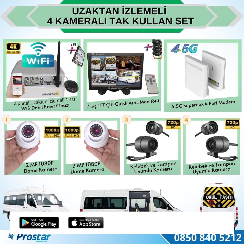 Uzaktan Izlemeli 4 Kameralı Wifi 4G 1 Tb Harddisk 7 Inç Ekranlı Araç Kamera Seti