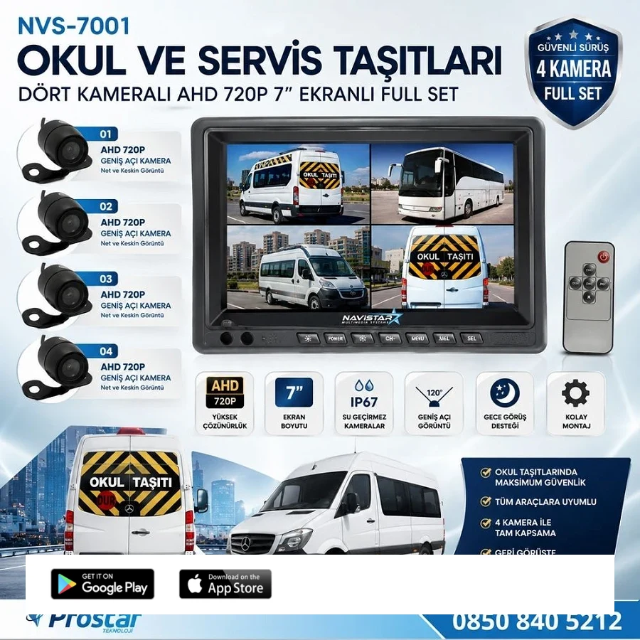 Okul Ve Servis Taşıtları Dört Kameralı AHD 720P 7" Ekranlı 4 Kamera Dahil Full Set
