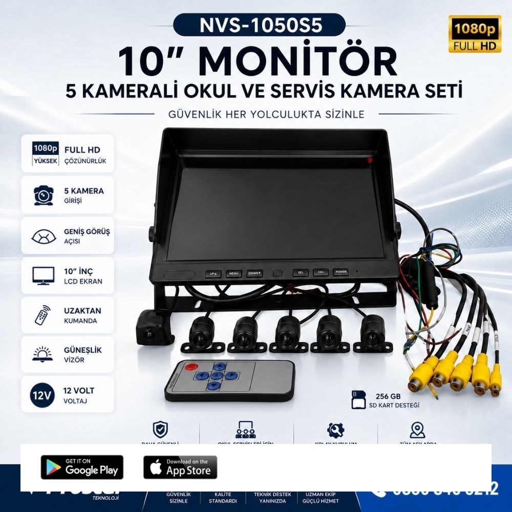 10" Monitör Beş Kameralı 720p Kayıtlı Servis ve Okul Taşıt Kamera Seti