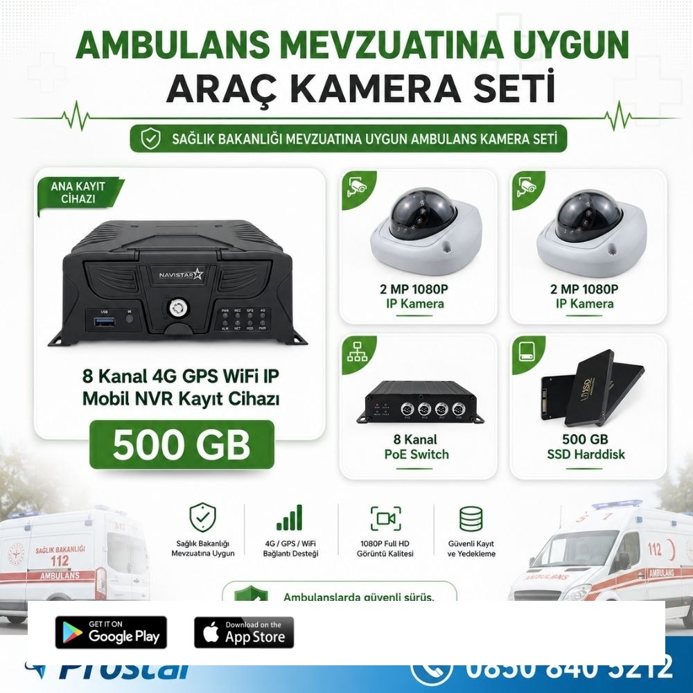 Ambulans Yönetmeliğine Uygun 2 Kameralı 8 Kanal Mobil NVR 500 GB  Tak Kullan Set