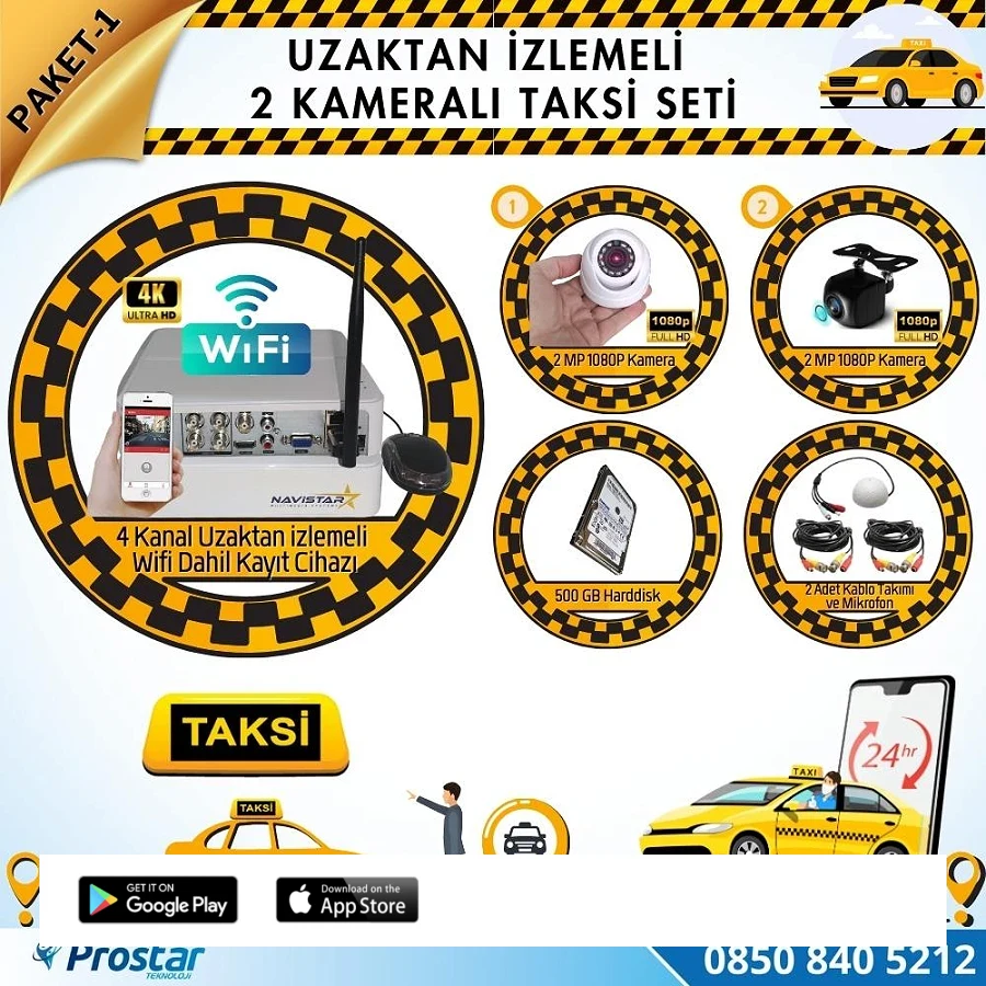 Taksi Kamera Seti 1 Uzaktan Izlemeli 2 Kameralı Wifi 500 Gb Harddisk Dahil