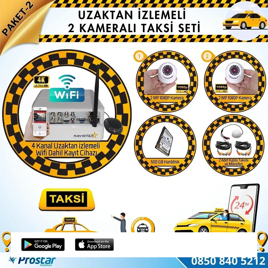Taksi Kamera Seti 2 Uzaktan Izlemeli 2 Dome Kameralı Wifi 500 Gb Harddisk Dahil
