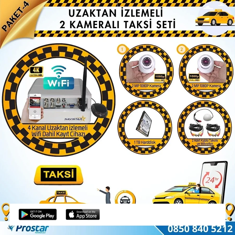 Taksi Kamera Seti 4 Uzaktan Izlemeli 2 Dome Kameralı Wifi 1 Tb Harddisk Dahil