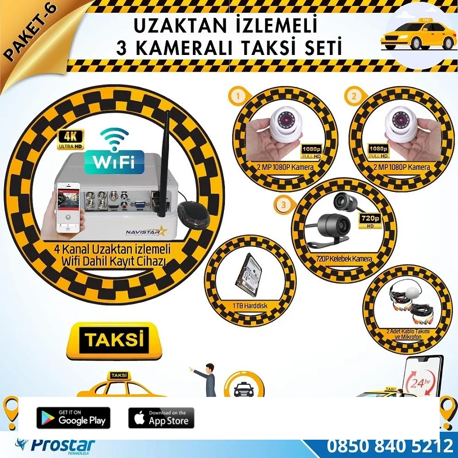 Taksi Kamera Seti 6 Uzaktan Izlemeli 3 Kameralı Wifi 1 Tb Harddisk Dahil