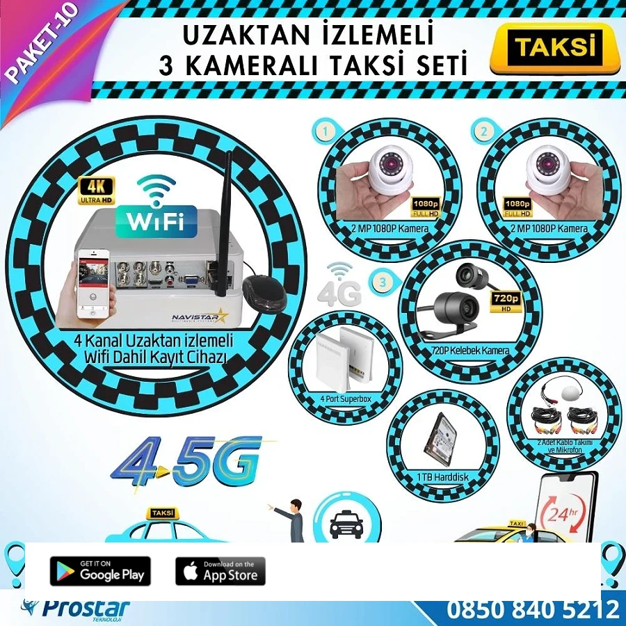 Taksi Kamera Seti 10 Uzaktan Izlemeli 3 Kameralı Wifi 4G 1 Tb Harddisk Dahil
