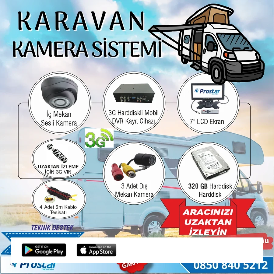 Uzaktan Takipli Karavan Kamera Sistemi Seti Kayıtlı Harddiskli 320 Gb Dahil 4 Kameralı Ekranlı