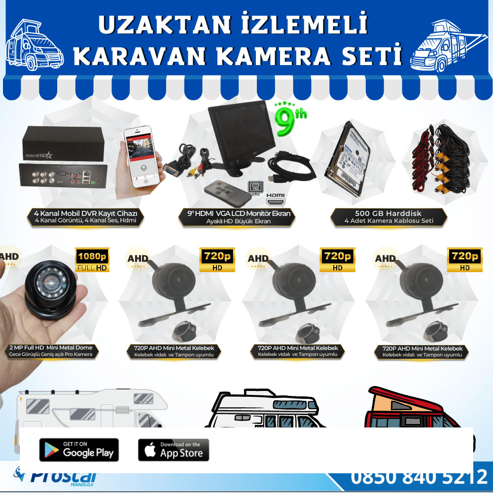 Uzaktan İzlemeli Karavan Kamera Seti 4 Kameralı 500 Gb Harddisk Dahil Kayıtlı 9 Inç Hdmi Ekranlı