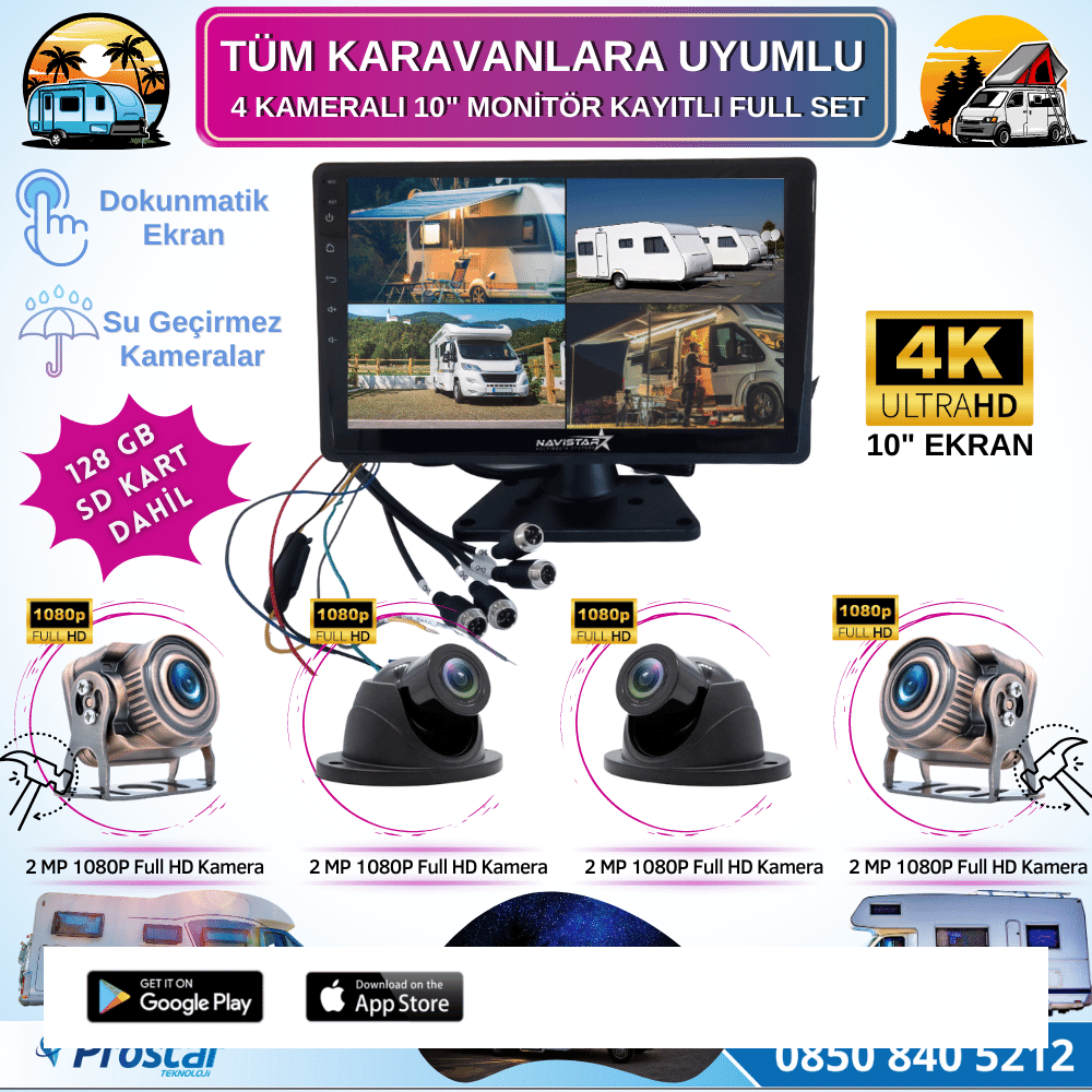 Karavan Kamera Seti 128 Gb Sd Dahil 4 Kameralı 10 Inç Dokunmatik Ekranlı Tak Kullan