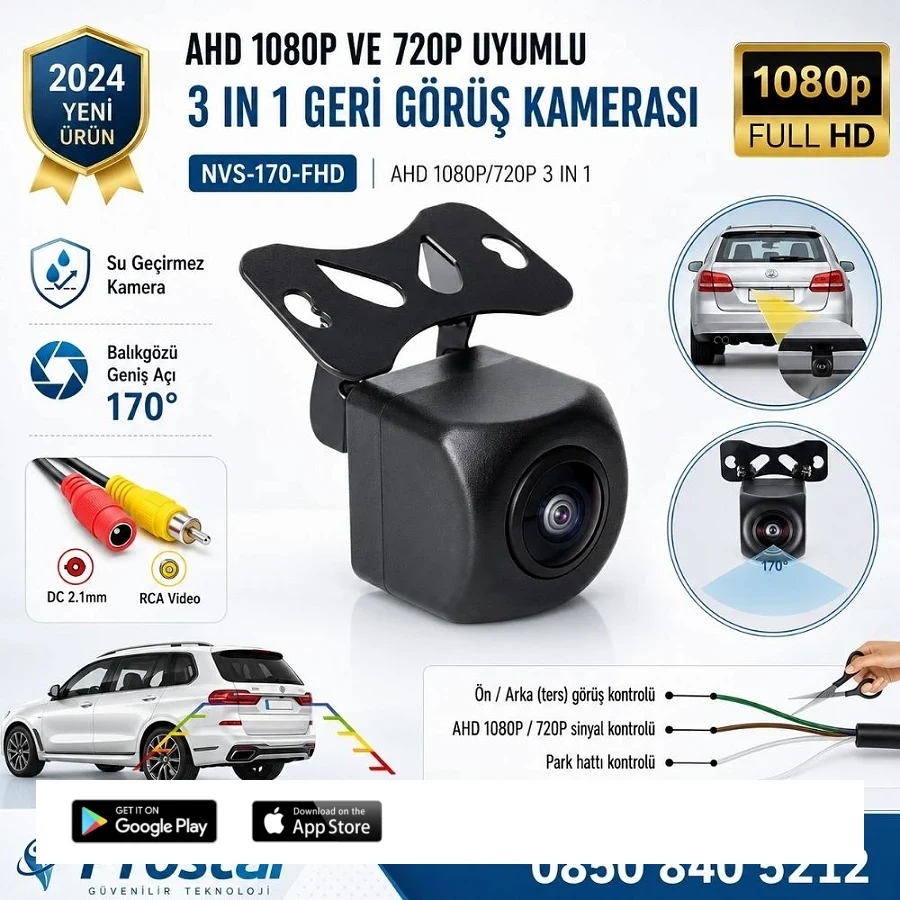 Balıkgözü AHD 1080P ve 720P Çevirilebilir 170 Derece Geniş Açılı Geri Görüş Kamerası