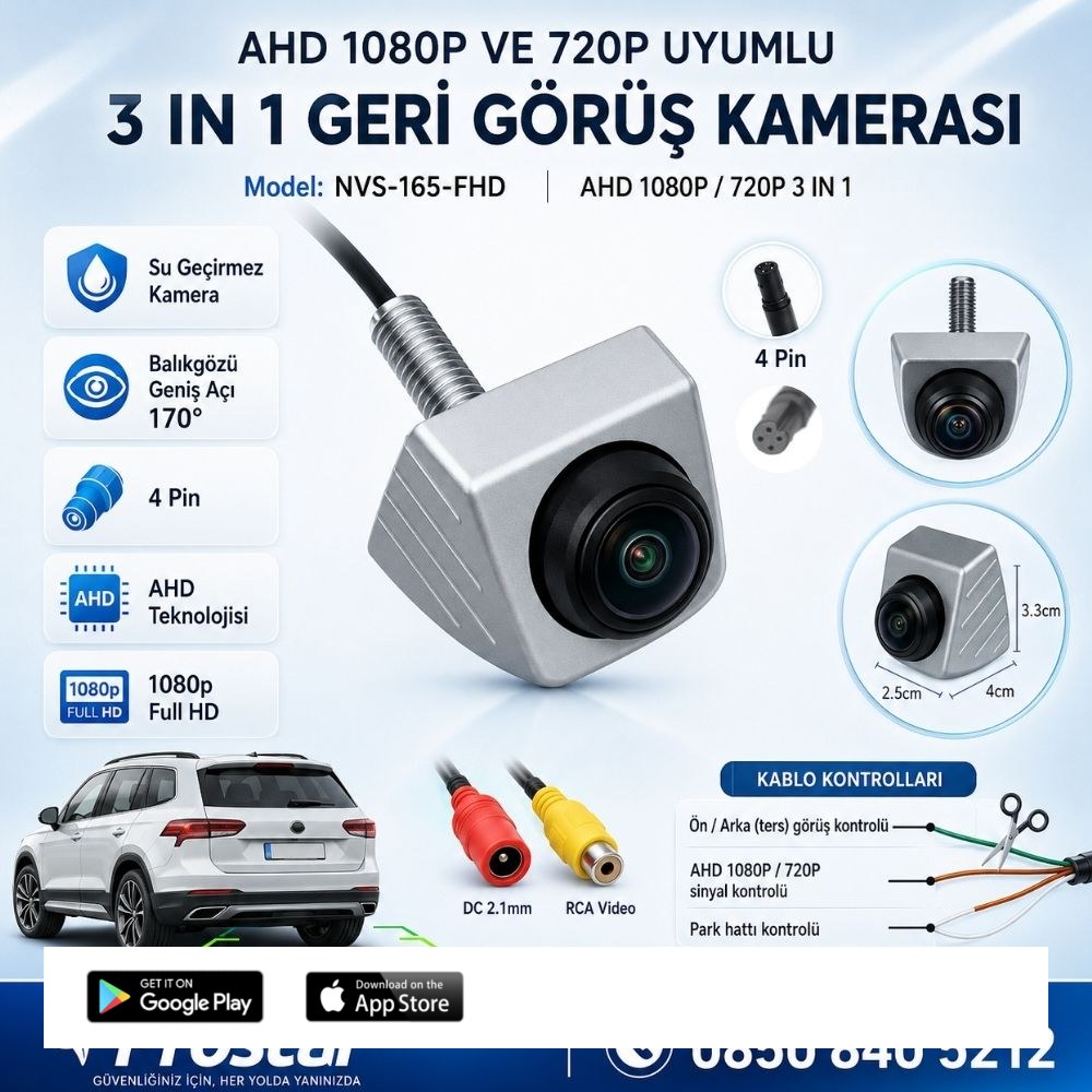 Ayarlanabilir Başlıklı AHD 1080P ve 720P Çevrilebilir 170 Derece Geniş Açılı Geri Görüş Kamerası