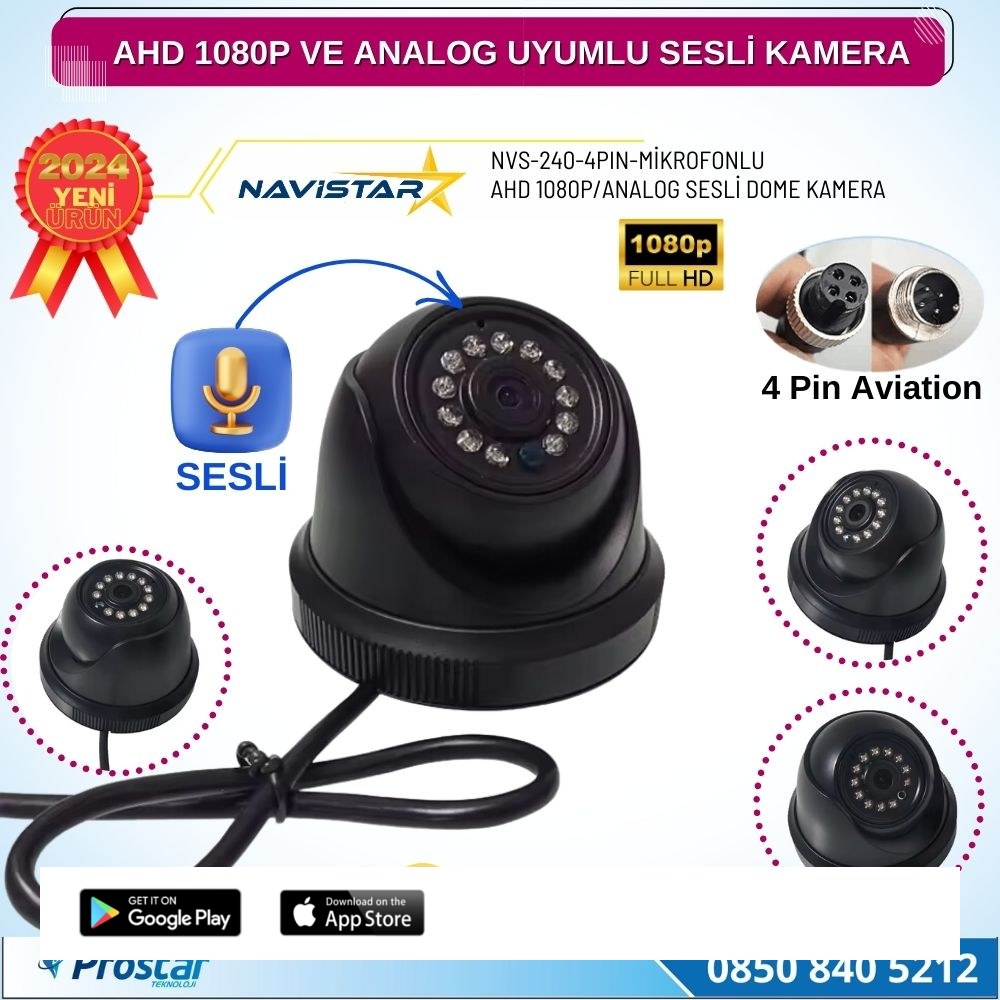 Mikrofonlu AHD 1080P ve Analog Pal Çevrilebilir 4 Pin Plastik Dome Araç Kamerası