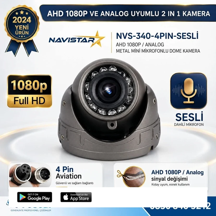 Mikrofonlu AHD 1080P ve Analog Pal Dönüşümlü Gece Görüşlü 4 Pin Mini Metal Dome Araç Kamerası