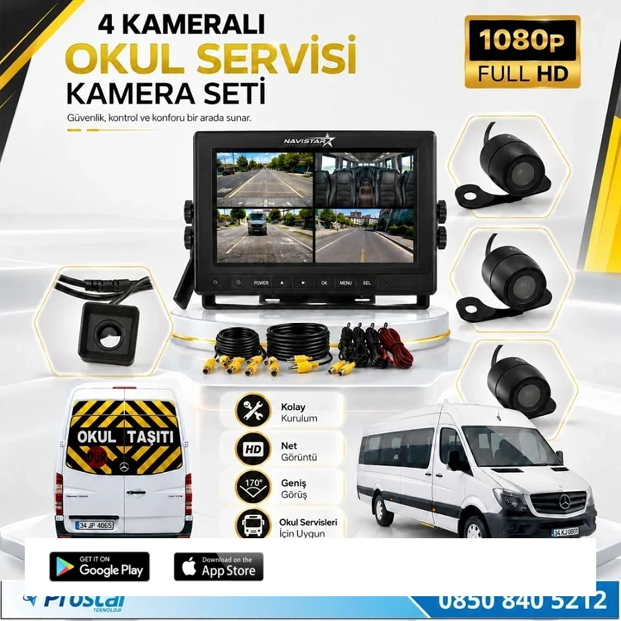 Kayıtlı Okul Ve Servis Taşıtları 4 Lü Kamera 7 Inç Monitör Full Set 256 Gb Sd Kart Desteği