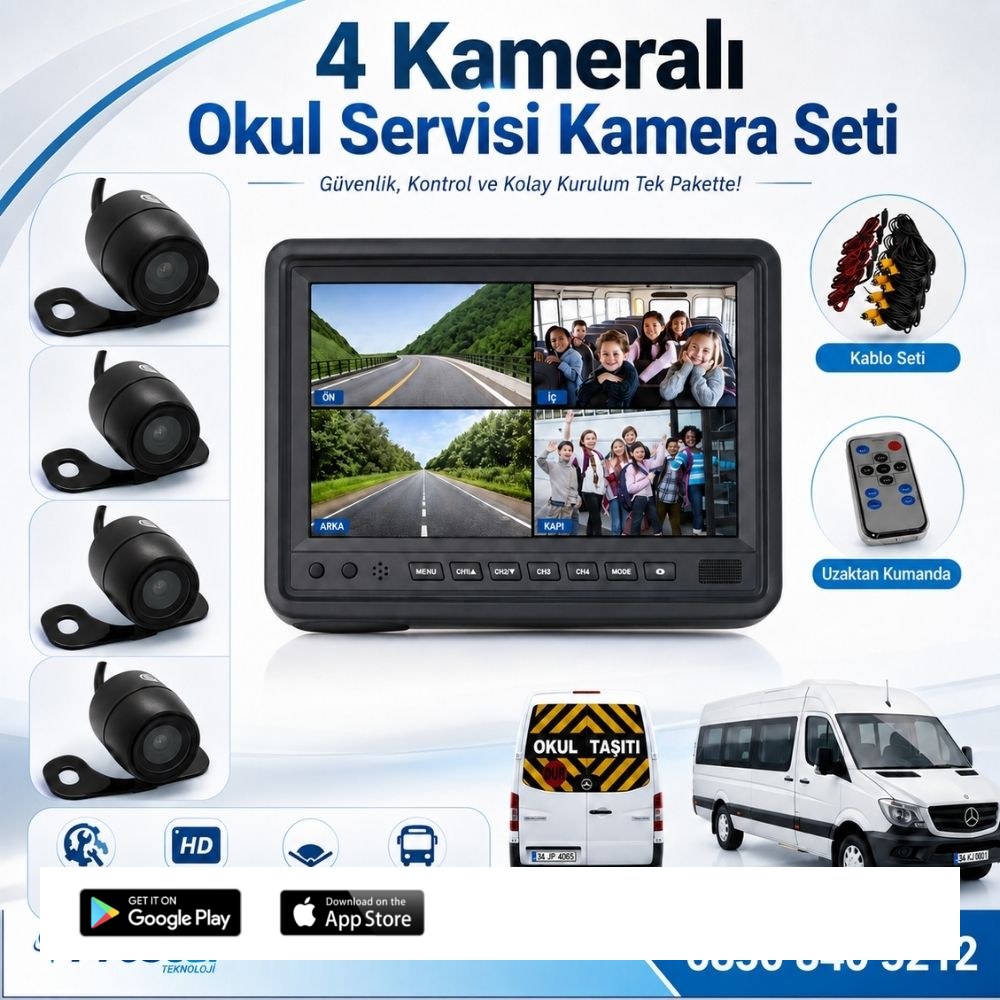 Okul ve Servis Taşıtları Dört Kameralı 7" Ekranlı 4 Kamera Dahil Full Set