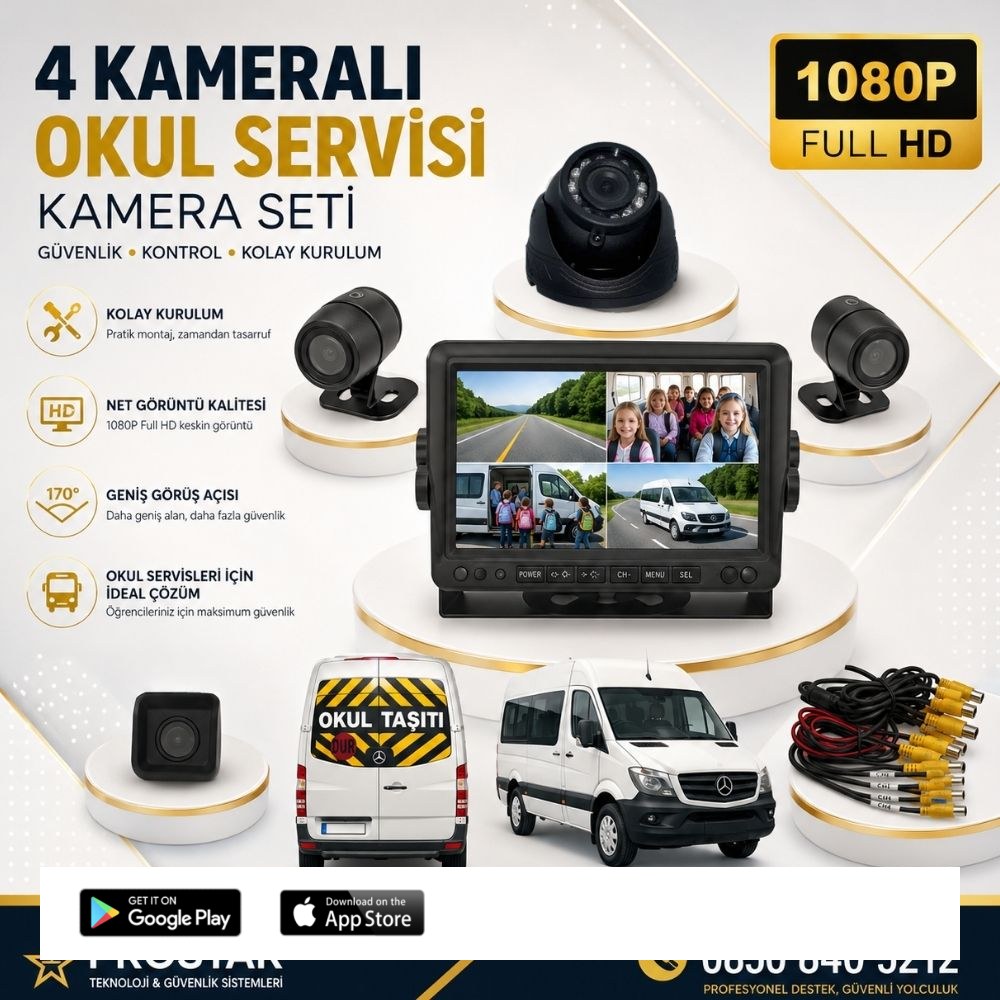 Kayıtlı Servis Okul Taşıtları 4 Lü Kamera 7 Inç Monitör Full Set 256 Gb Sd Kart Desteği + 1 Dome Kamera