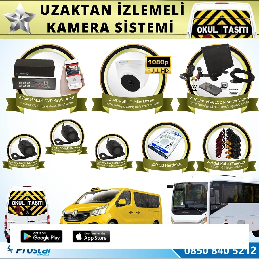 Okul Servis Kamera Sistemi Seti Uzaktan Izlemeli 4 Kameralı 7" Hdmi Monitör 320 Gb Harddisk Dahil