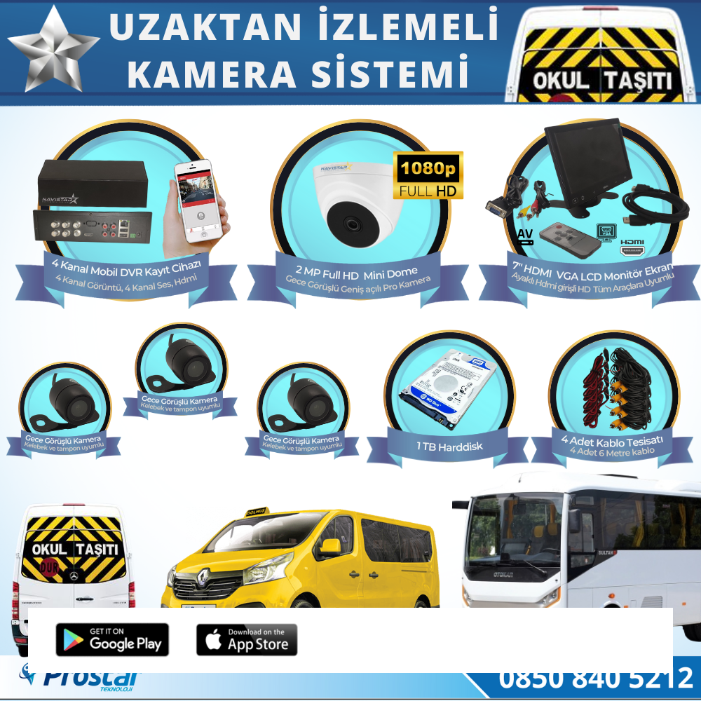 Okul Servis Kamera Sistemi Seti Uzaktan Izlemeli 4 Kameralı 7" Hdmi Monitör 1 Tb Harddisk Dahil