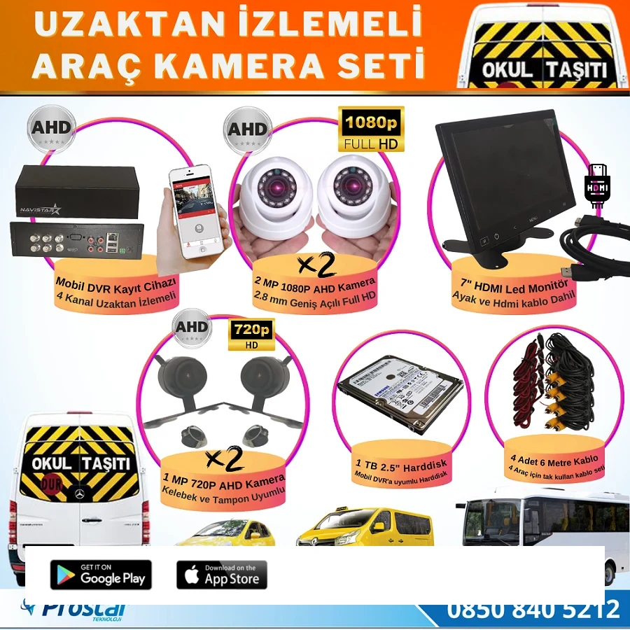 Full Ahd Araç Kamera Seti 4 Kameralı 1 Tb Harddisk Dahil Kayıtlı 7 Inç Hdmi Ekranlı