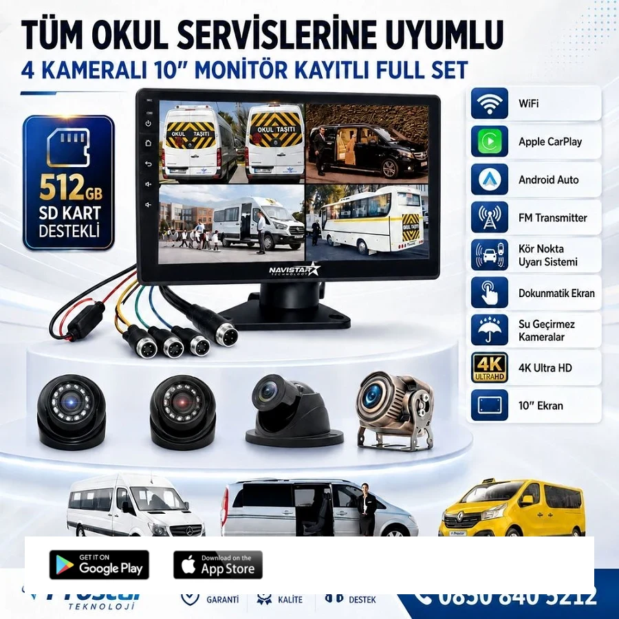 Kayıtlı Servis Okul Kamera Seti 4 Kameralı 10 Inç Dokunmatik Ekranlı 256 Gb Sd Destekli Tak Kullan