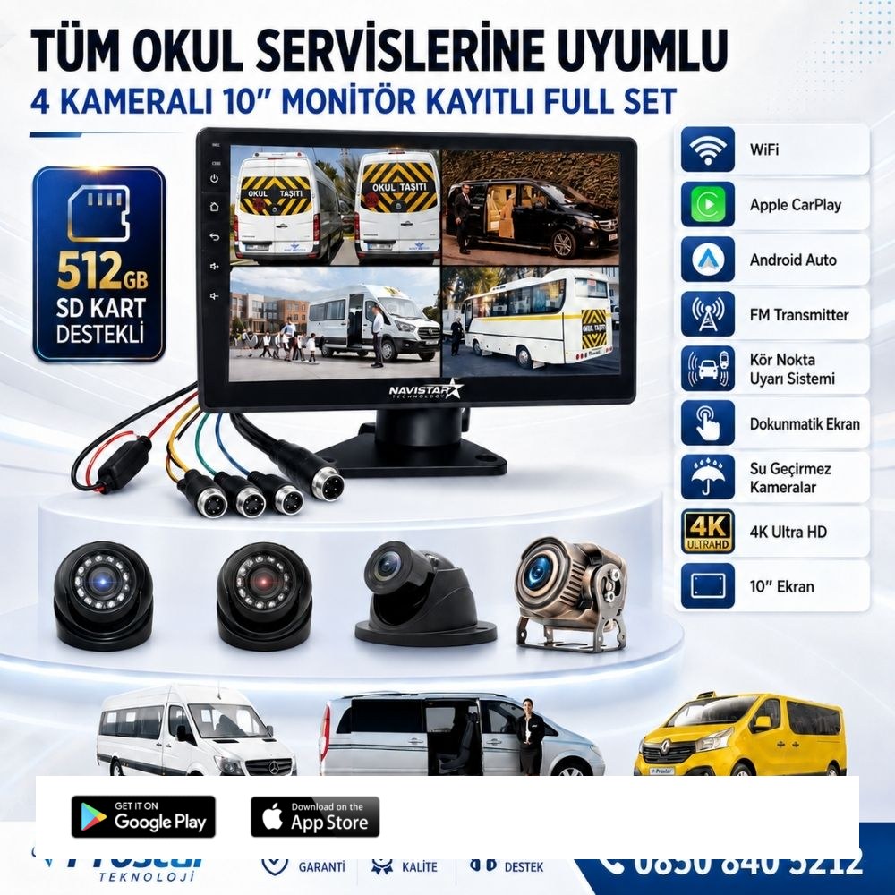 Kayıtlı Servis Okul Kamera Seti 4 Kameralı 10 Inç Dokunmatik Ekranlı 256 Gb Sd Destekli Tak Kullan