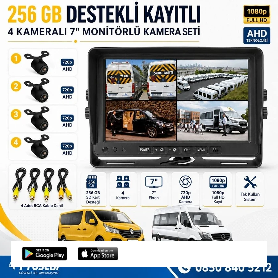 Kayıtlı Ahd Okul Servisler Için 4 Kameralı 7 Inç Monitörlü 720P Araç Kamera Seti