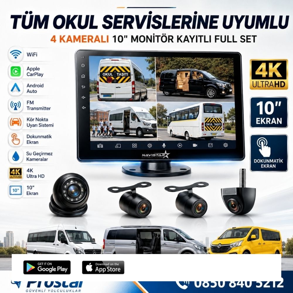 Kayıtlı 4 Kameralı 10 Inç Dokunmatik Monitör 256 Gb Sd Destekli Okul Servis Kamera Seti