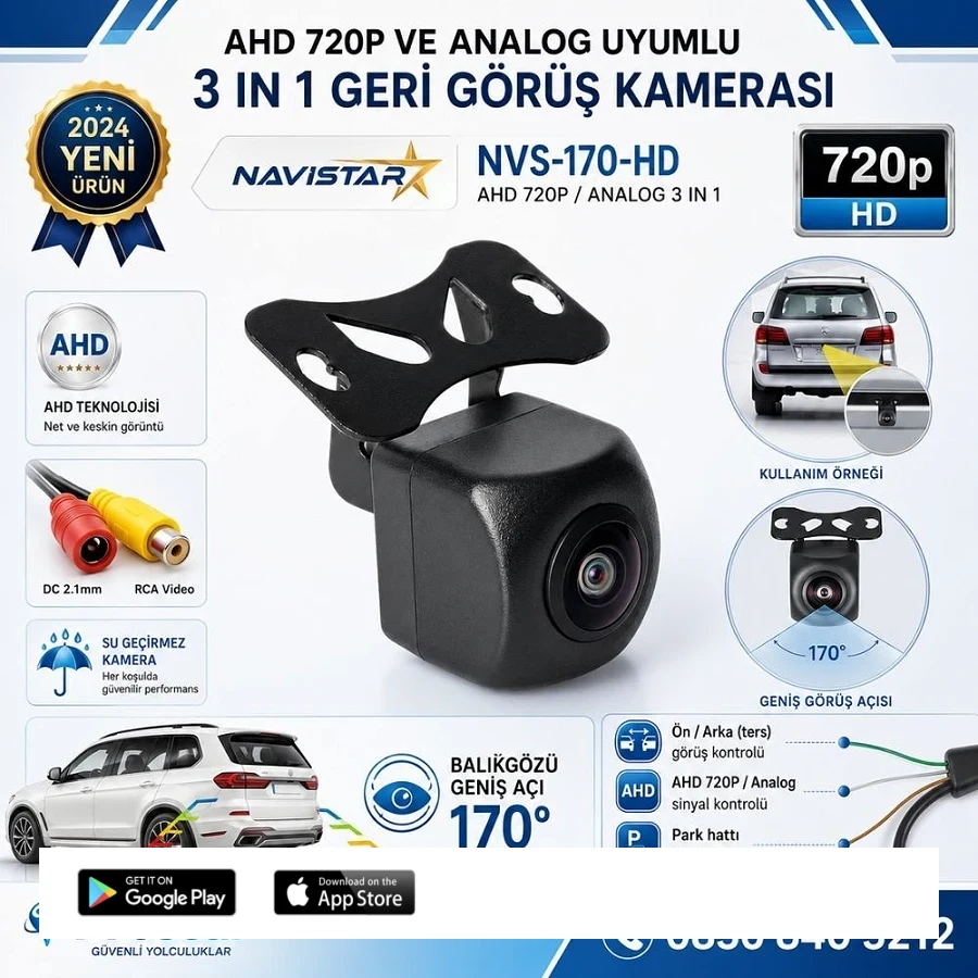 Balıkgözü AHD 720P ve Analog Çevirilebilir 170 Derece Geniş Açılı Geri Görüş Kamerası