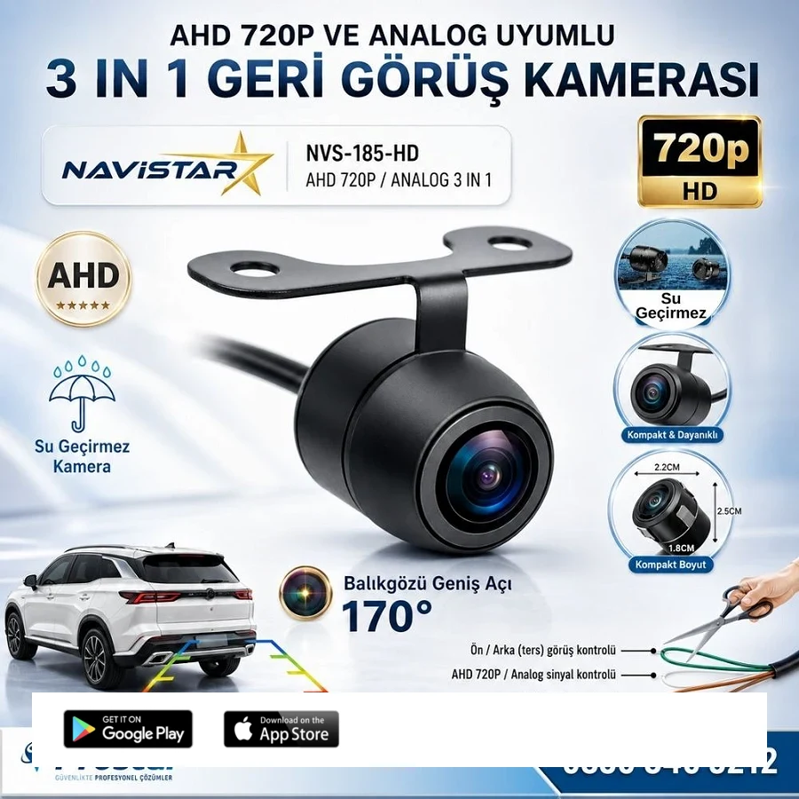Balıkgözü Kelebek AHD 720P ve Analog Çevrilebilir 170 Derece Geniş Açılı Geri Görüş Kamerası