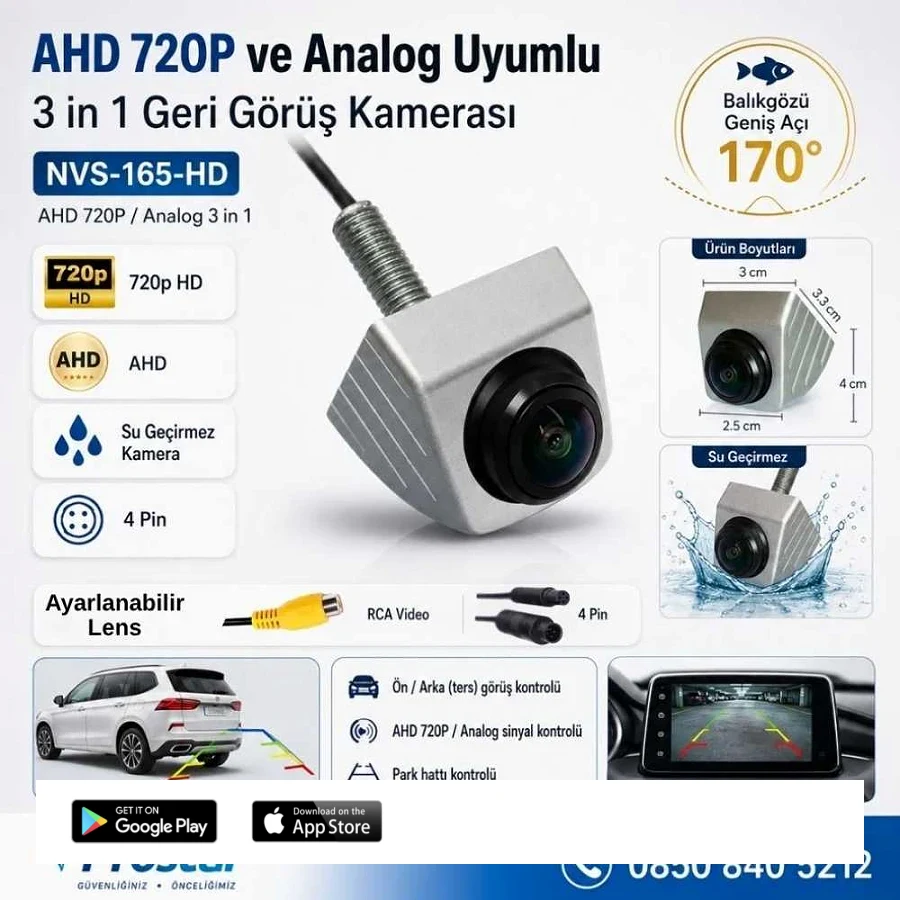 Ayarlanabilir Başlıklı AHD 720P ve Analog Çevrilebilir 170 Derece Geniş Açılı Geri Görüş Kamerası