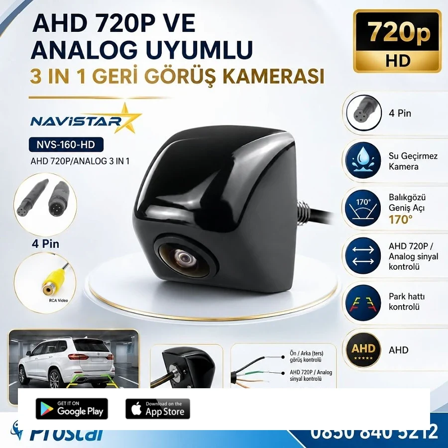Piramit Balıkgözü AHD 720P ve Analog Çevrilebilir 170 Derece Geniş Açılı Geri Görüş Kamerası