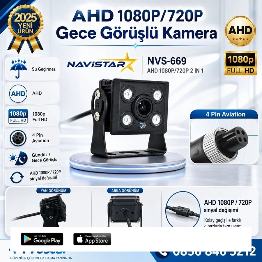AHD 1080P/720P Orta Boy Gece Görüşlü 4 Pin Soketli Kamyon Tır Otobüs Kamerası