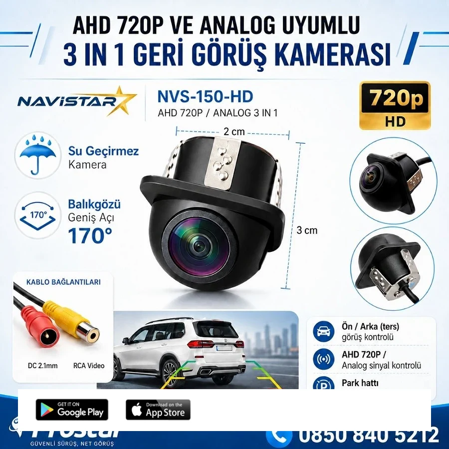 AHD 720P ve Analog Pal Çevrilebilir 170 Derece Balıkgözü Geniş Açılı  Geri Görüş Kamerası