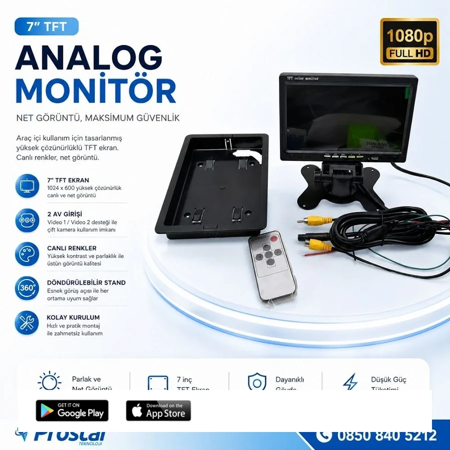 Araç Monitörü 7 Inç Lcd Geri Vites Kamerası Uyumlu 2 Av Video Girişli Ayak Ve Gömme Aparatı Dahil