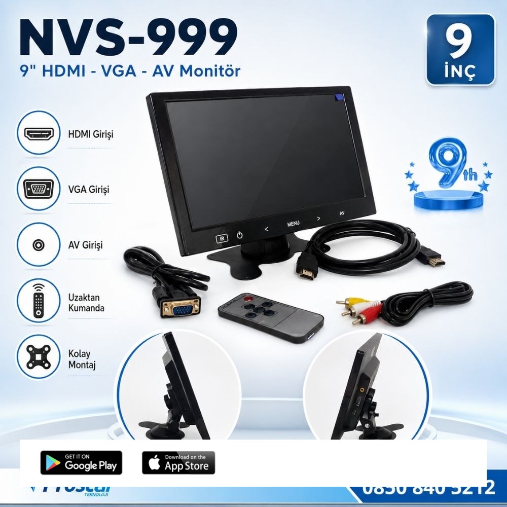 Araç Içi Monitör 9" Vga  Hdmı  Av Girişli Tft Lcd Büyük Ekran