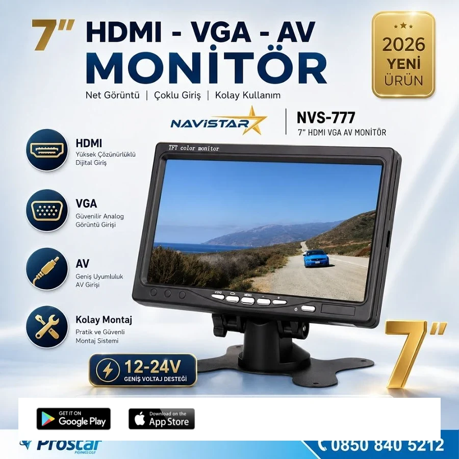 Araç içi Monitör 7" VGA - HDMI - AV Girişli TFT LCD Ekran